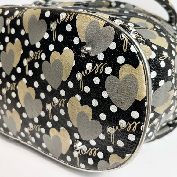 Guess Black Cream Polka Dots Tote Bag, Dual Handles, Heart Pattern Keychain NWOT - Picture 12 of 16